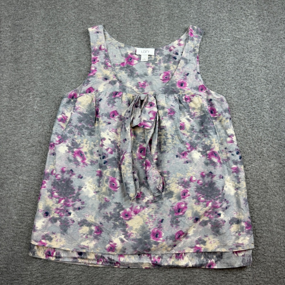 LOFT Tank Top Women's Small Grey Purple Floral Cotton Silk Tie Front Blouse